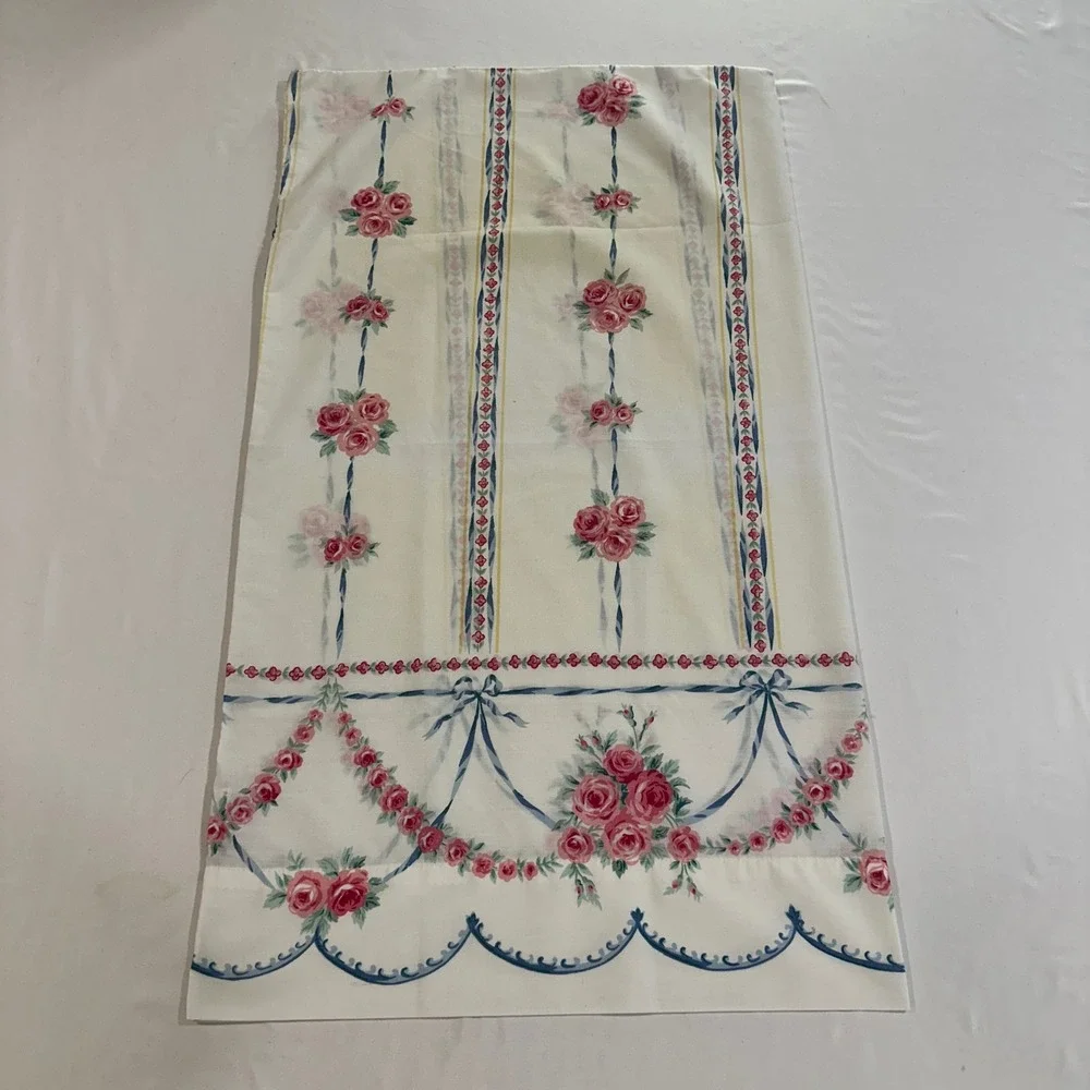 Sears Perma-Prest Queen Pillowcase Vintage Floral Pink Rose Blue Ribbon USA Made